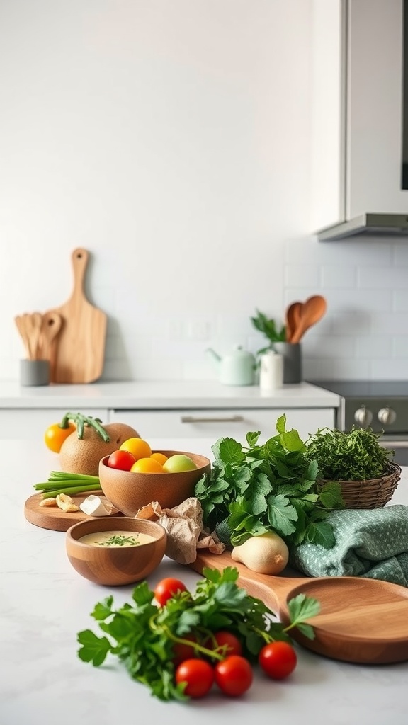 A minimalist kitchen counter with fresh ingredients including tomatoes, herbs, and fruits, highlighting simple cooking.
