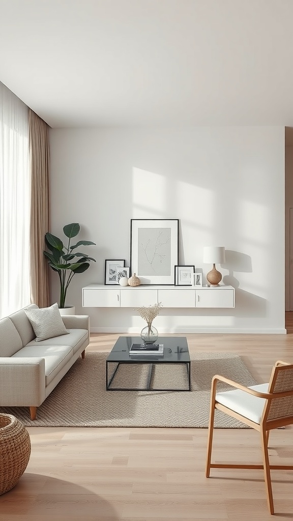 A minimalist living room featuring a beige sofa, glass coffee table, and a plant, with soft natural light coming through the windows.