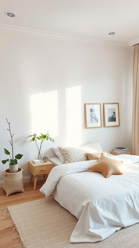 A bright minimalist bedroom featuring white and beige decor with a neatly made bed, wooden furniture, and framed art on the walls.