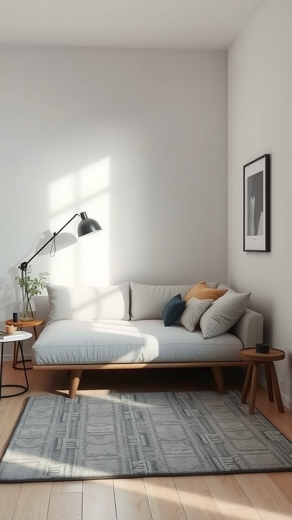 A cozy small living room featuring a light-colored sofa with cushions, a side table, and a rug, illuminated by natural light.