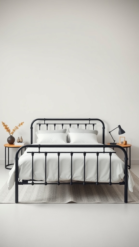 A minimalist bedroom featuring a black iron bed frame with white bedding and simple decor.