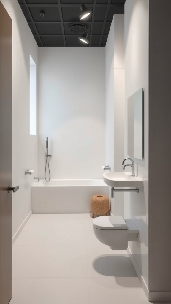 Minimalist bathroom with white walls, a bathtub, wall-mounted sink and toilet, and a black ceiling.