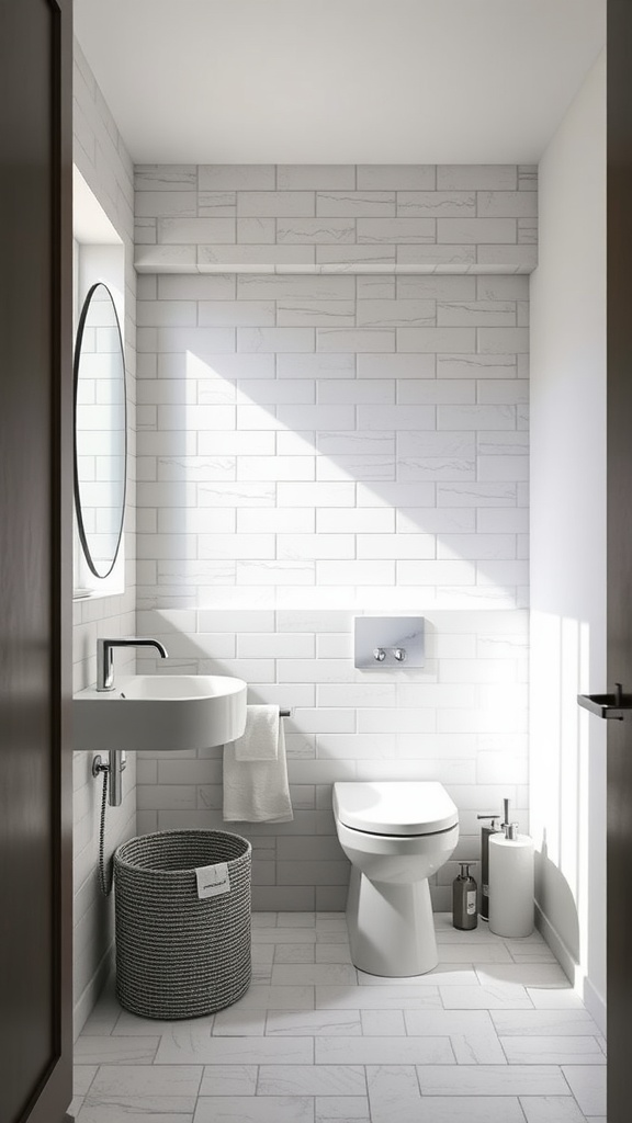 A small modern bathroom with minimalist design, featuring white tiles, a wall-mounted sink, and natural light.