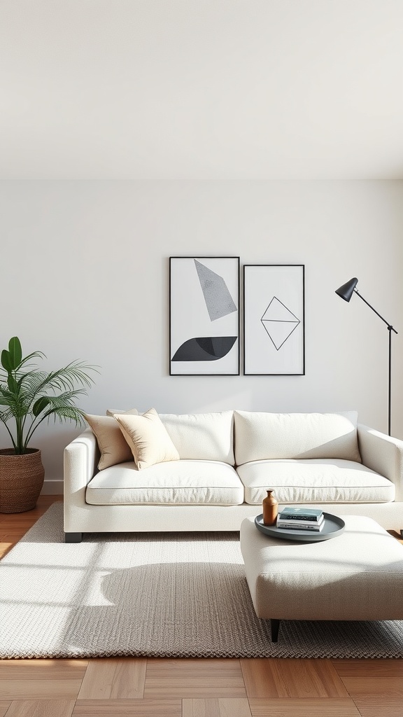 A minimalist living room featuring a light sofa, geometric wall art, a floor lamp, and a potted plant.