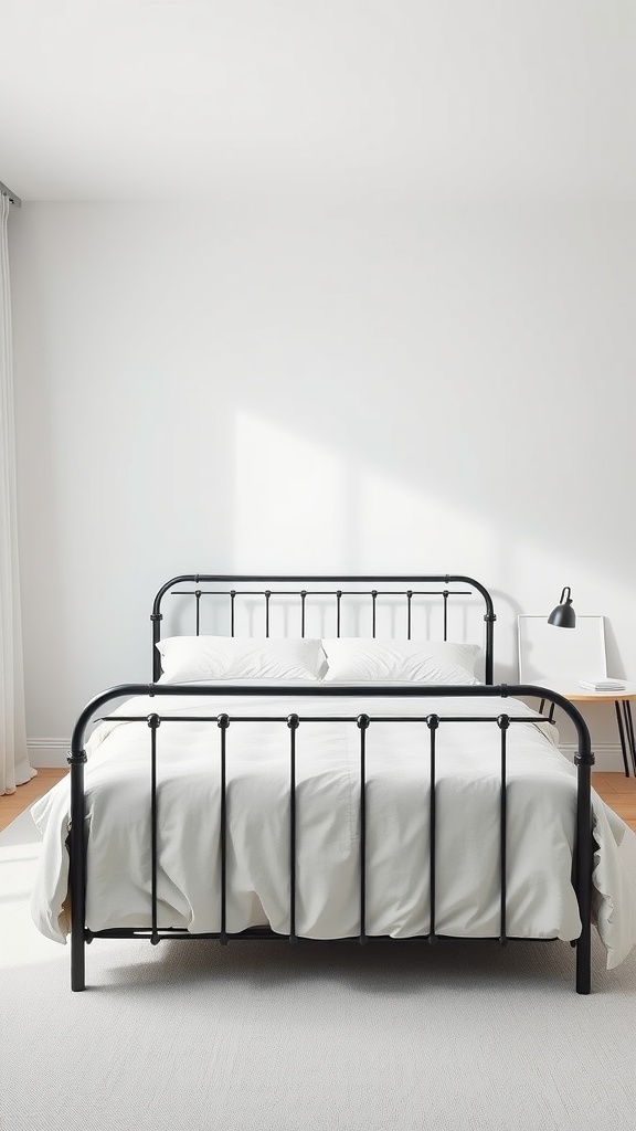 A minimalist bedroom featuring a black metal bed frame with white bedding and a simple side table.