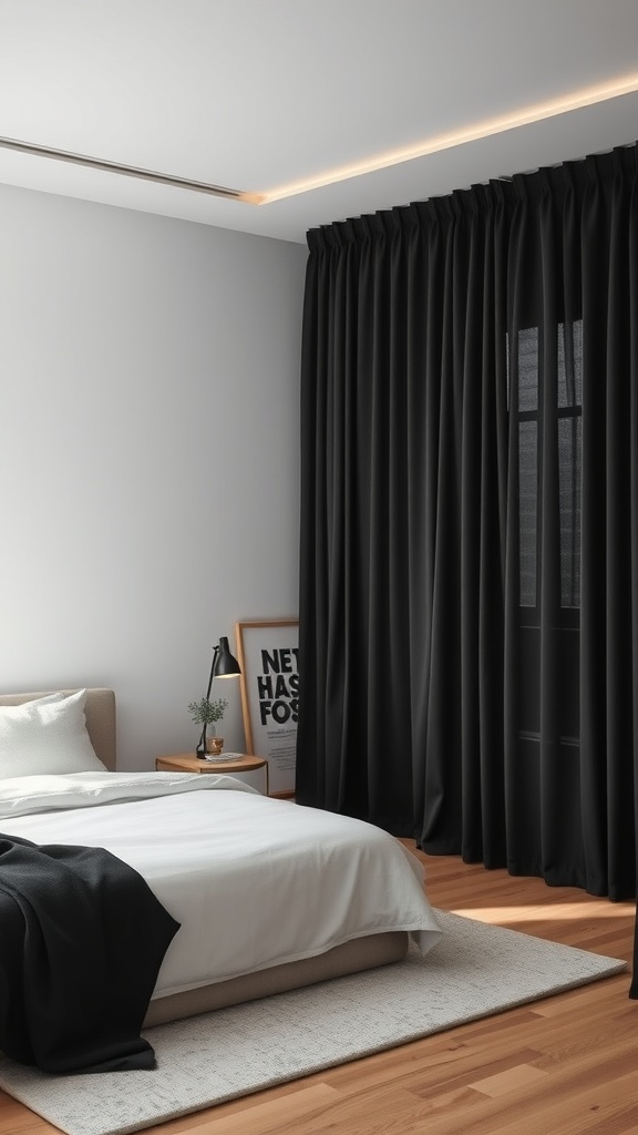 A modern bedroom featuring black blackout curtains, a light bedspread, and wooden flooring.