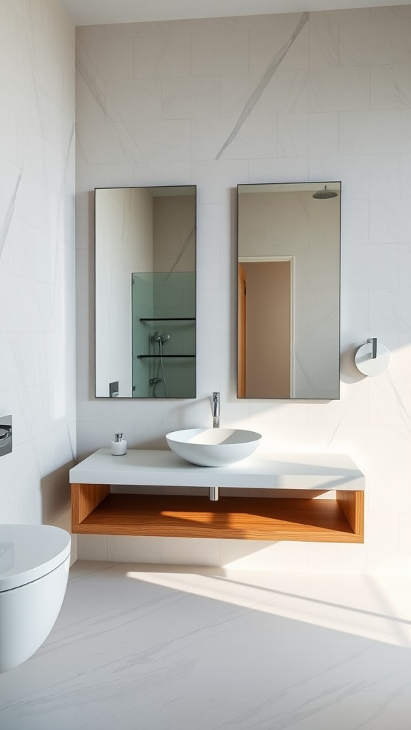 A modern minimalist bathroom featuring a floating vanity with a white countertop, wooden shelf, and two mirrors.