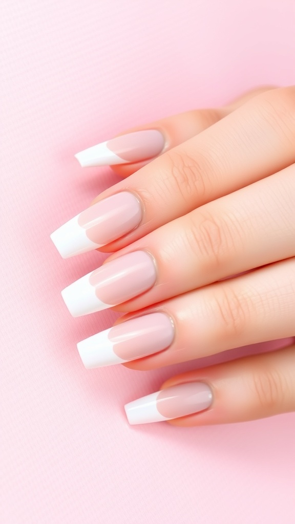 Minimalist French tips with a soft pink base and white tips on long nails.
