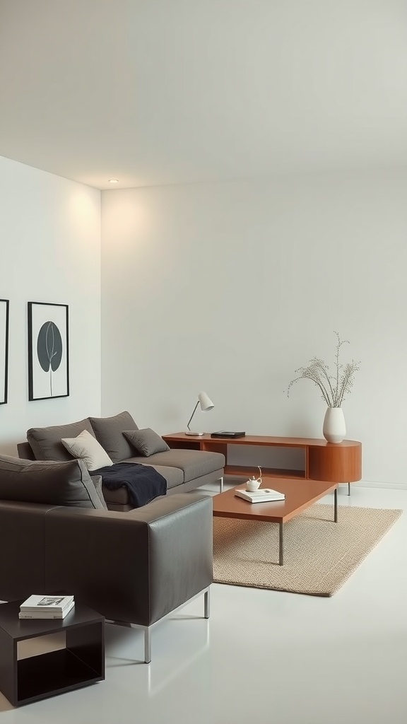 A minimalist living room with a sleek sofa, wooden coffee table, and simple decor.