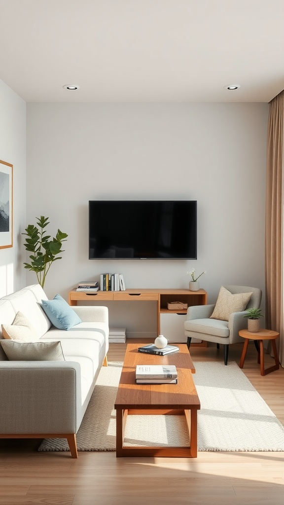 A minimalist Korean living room with a light sofa, wooden coffee table, potted plant, and neutral decor.