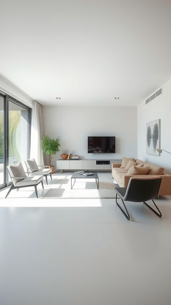 Minimalist living room featuring a beige sofa, black chair, and a low coffee table.