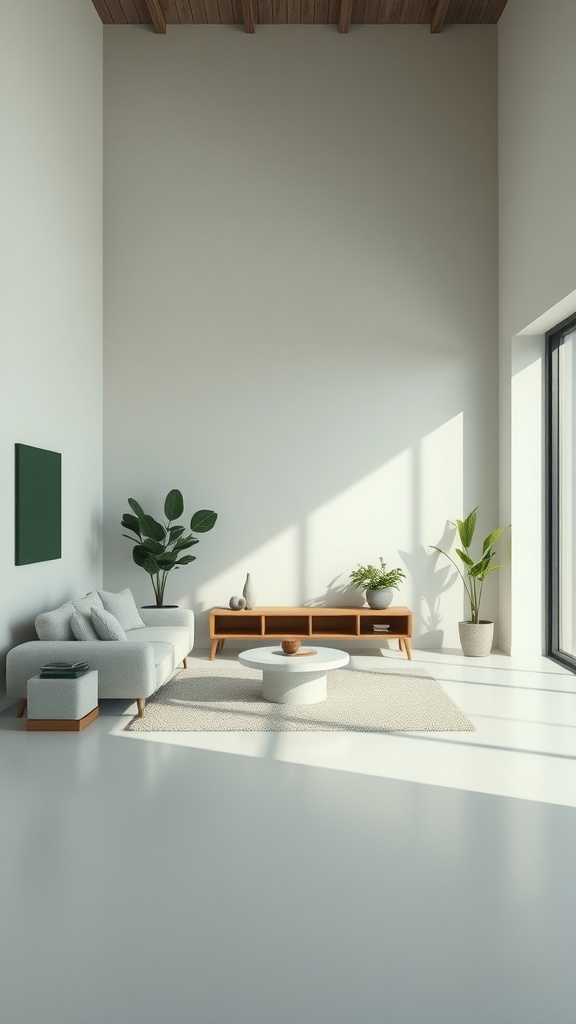A minimalist green living room with a cozy sofa, plants, and natural light.