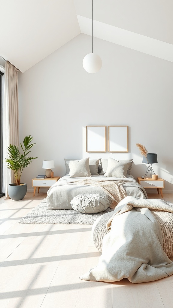 Minimalist grey and beige bedroom with a cozy bed, natural light, and a potted plant