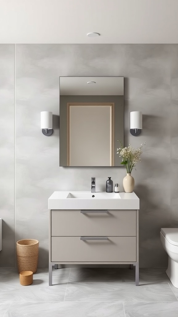 A modern bathroom featuring a minimalist vanity with simple hardware, soft lighting, and a clean color palette.
