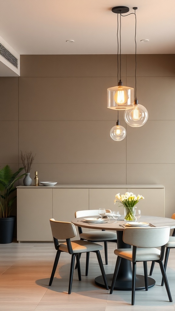 A modern dining area featuring three unique pendant lights above a round table, creating a warm and inviting atmosphere.