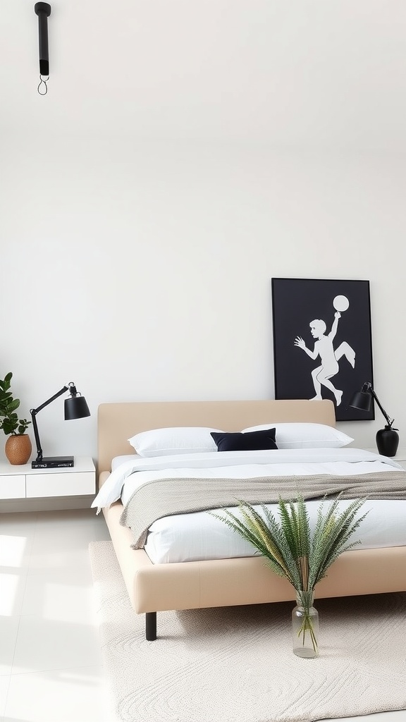 A minimalist bedroom featuring a beige bedframe, neutral bedding, black lamps, and a potted plant.