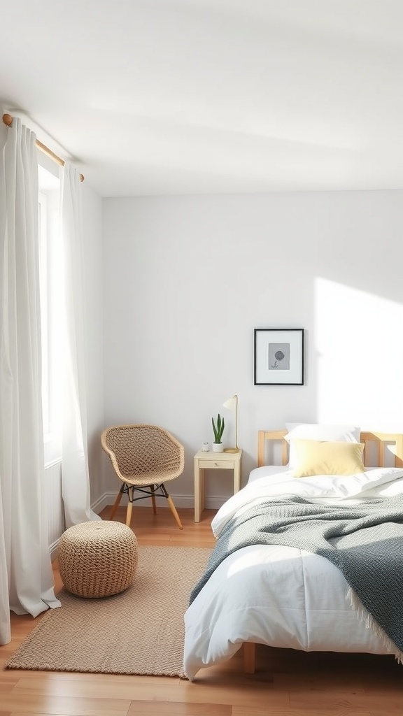 A minimalist Scandinavian bedroom featuring a wooden bed, bright decor, and natural light.