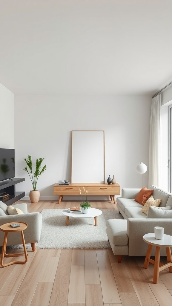 A minimalist Scandinavian living room with light wooden floors, simple furniture, and natural decor.