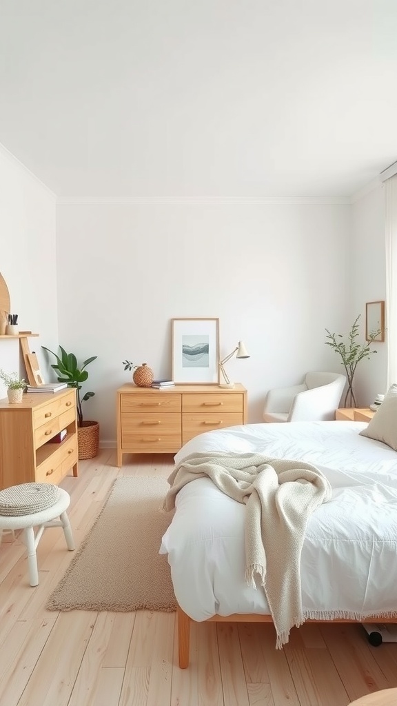 A minimalist Scandinavian designed teen bedroom featuring light wood furniture, a cozy bed, and simple decor.