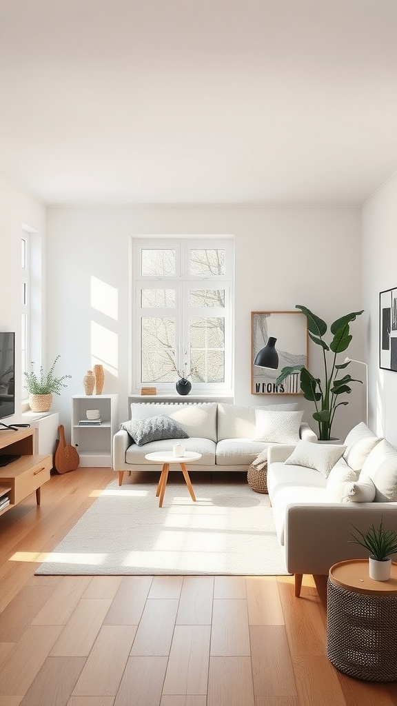 A bright and minimalist Scandinavian living room with a light wood floor, a soft sofa, and natural elements.