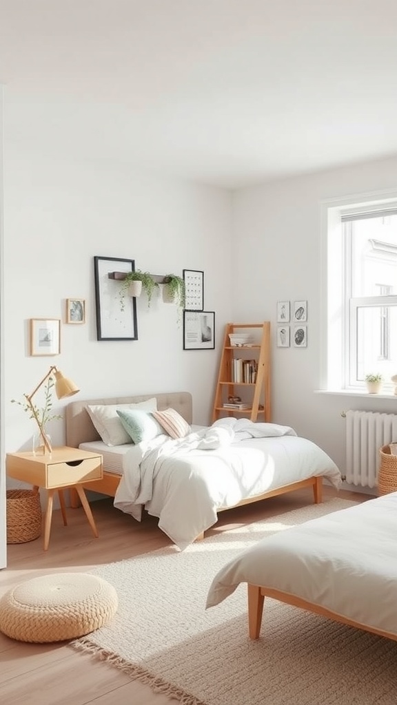 A minimalist Scandinavian style teen bedroom featuring light colors, wooden furniture, and simple decor.