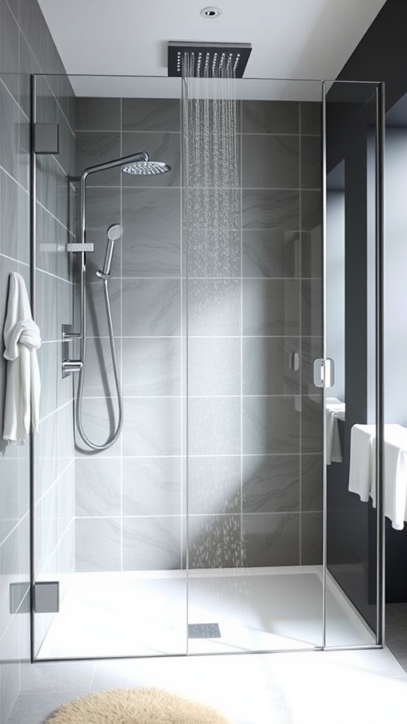 A modern minimalist shower design featuring grey tiles and glass enclosure.