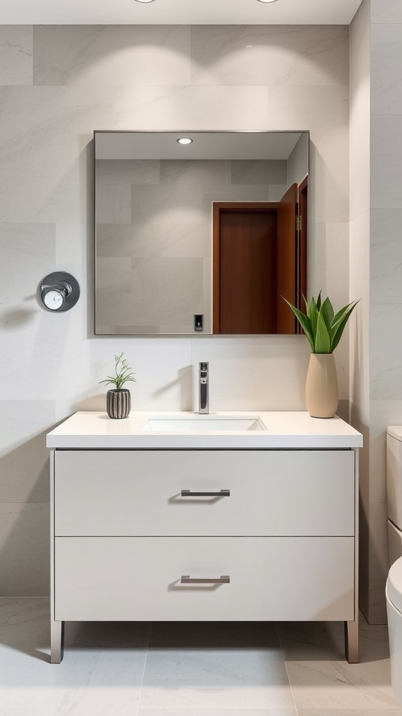 A minimalist bathroom vanity with a sleek design, featuring a white cabinet, a modern faucet, and a small plant, complemented by a large mirror.