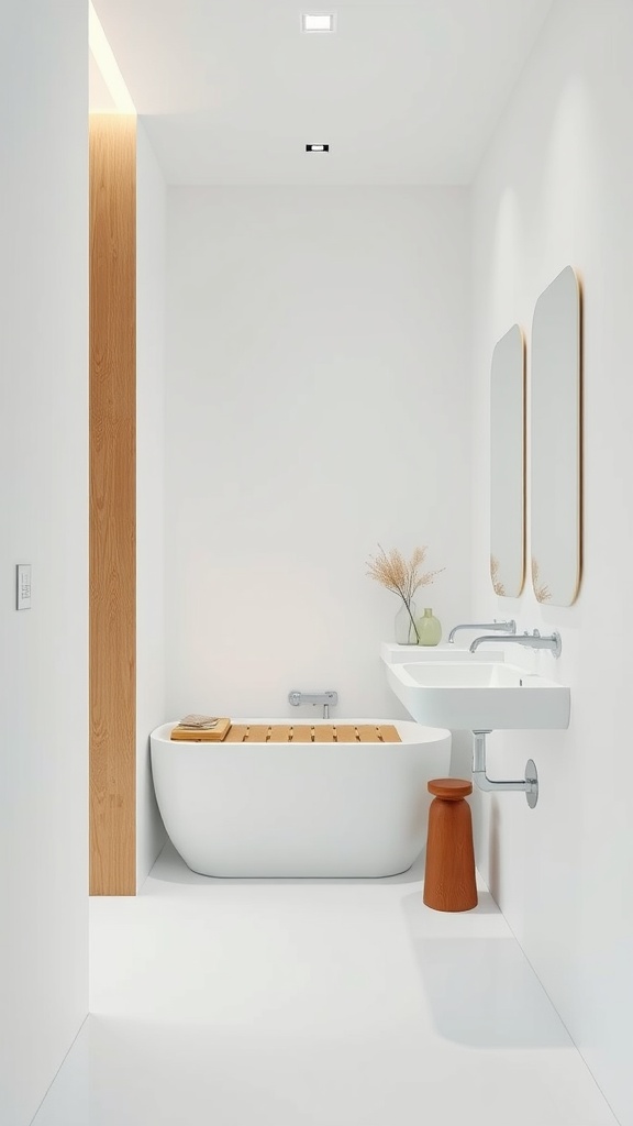 A minimalist bathroom featuring a white freestanding bathtub, wooden accents, and modern fixtures.