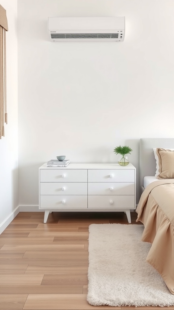 Minimalist white dresser in a beige and white bedroom