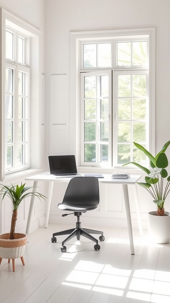 Bright minimalist workspace in a sunroom with a desk, chair, laptop, and plants.