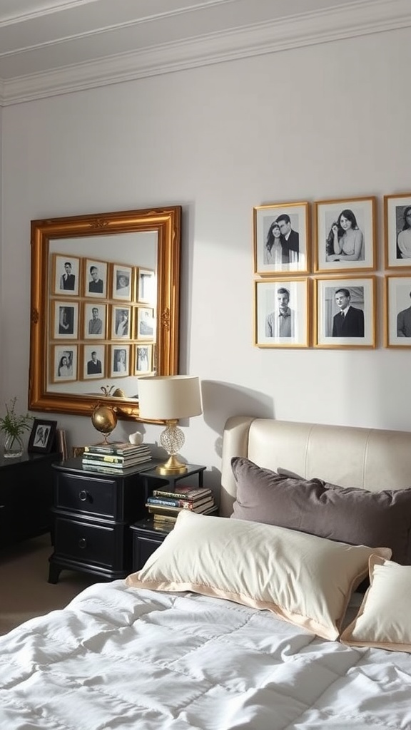 A stylish bedroom featuring mirror frames with pictures on the wall.