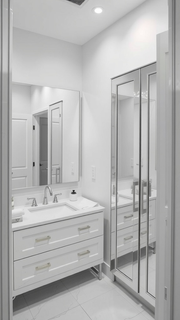 A modern guest bathroom featuring mirrored accents and sleek design.