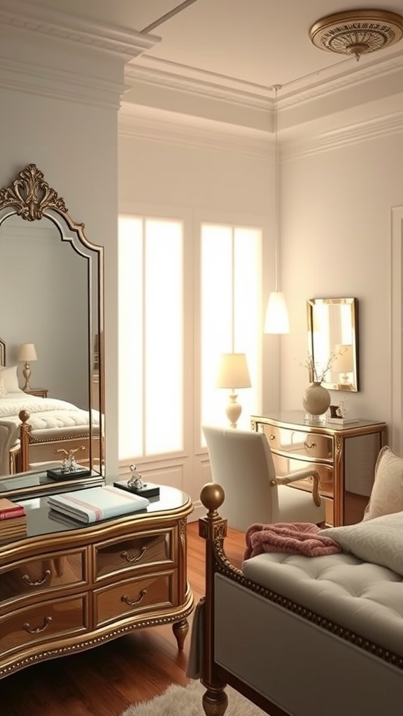 A classy bedroom featuring mirrored furniture, including a dresser and vanity, with elegant gold accents.
