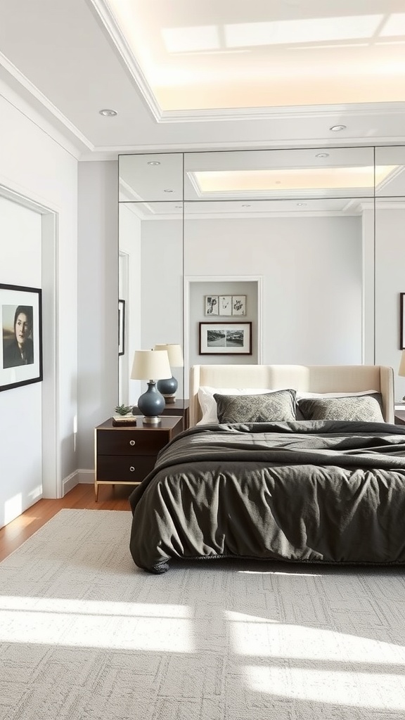 A modern bedroom featuring a mirrored wall, a bed with dark bedding, and stylish lamps.