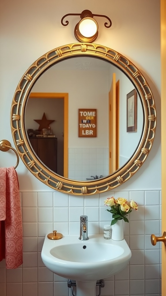 A stylish round mirror with a gold frame, hanging above a small sink in a 70s inspired bathroom.
