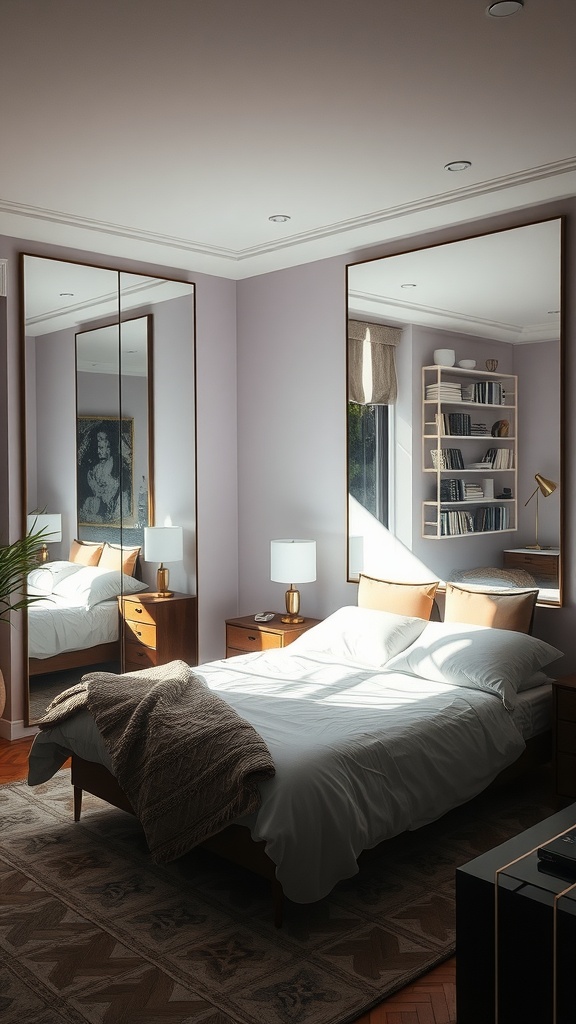 A cozy small bedroom featuring large mirrors that enhance the space