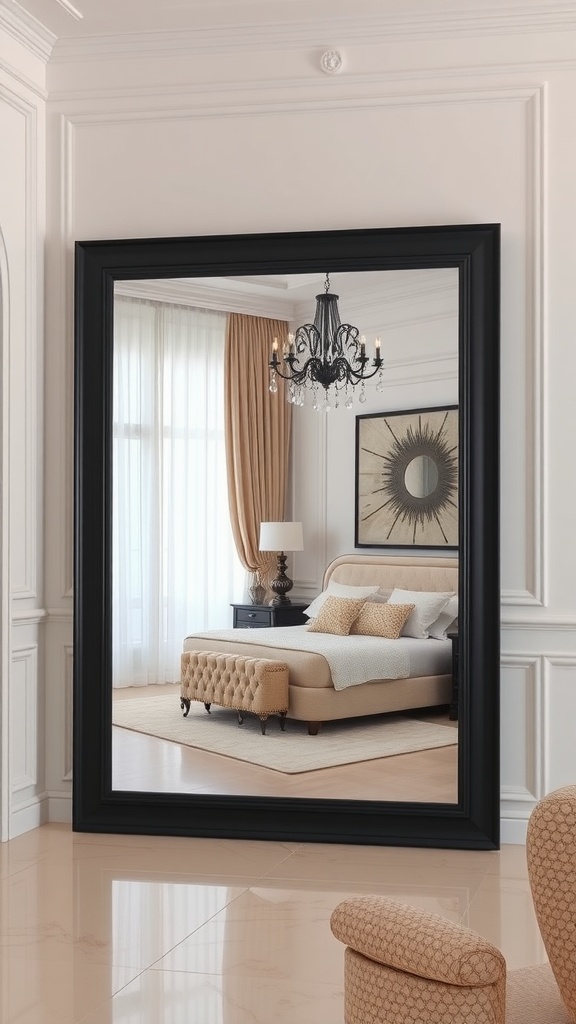 A large black-framed mirror reflecting a stylish beige and black bedroom with a chandelier.