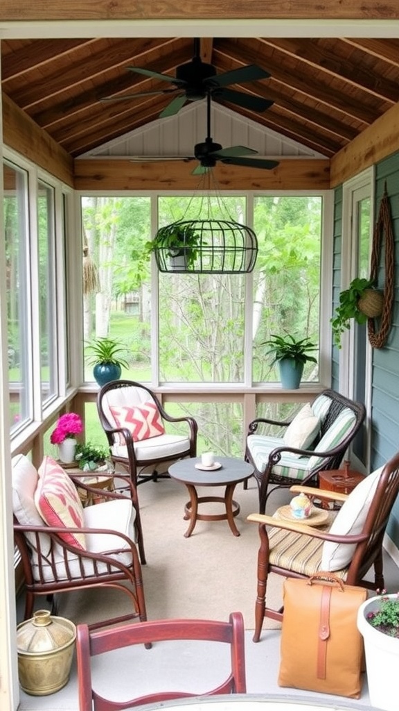 A small screened-in porch with mixed furniture styles, including rattan chairs and colorful cushions, a round table, and plants.