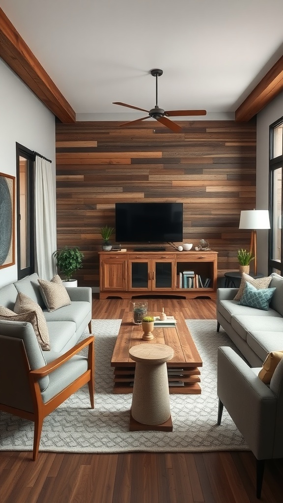 Cozy living room featuring a mix of modern furniture and rustic wooden accents.