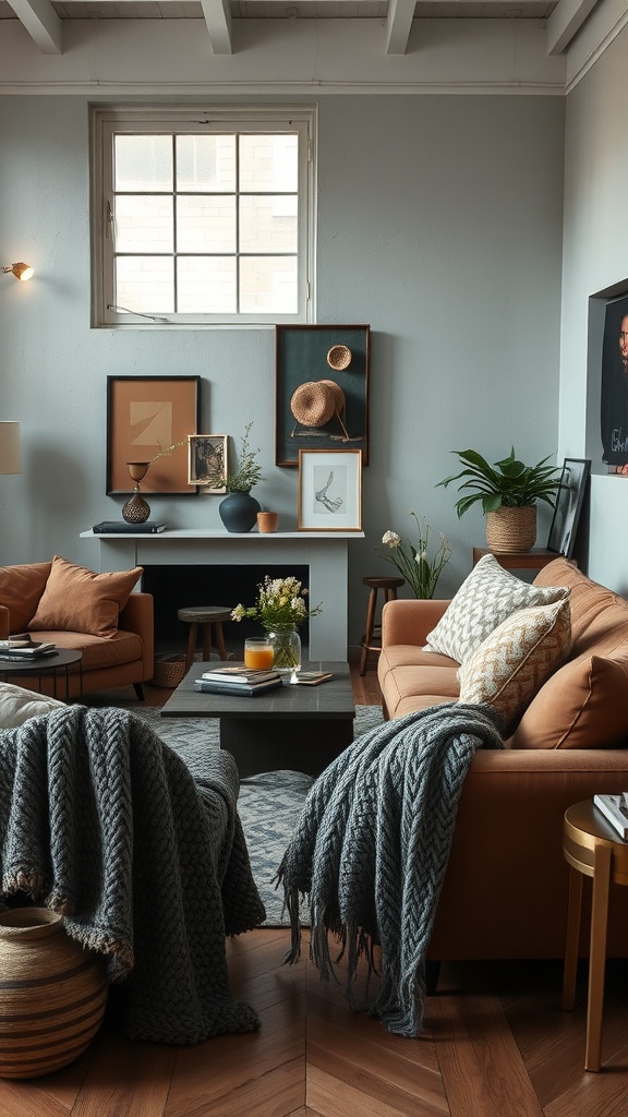 A cozy 90s styled living room featuring orange sofas, knitted throws, wooden furniture, and wall art.