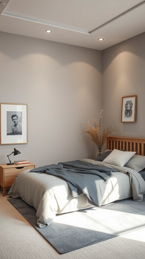 A cozy gray and beige bedroom featuring warm walls, a layered bed, and modern decor