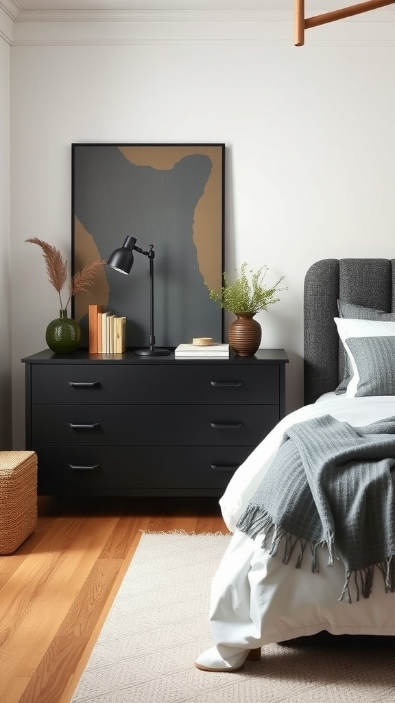 A stylish bedroom featuring a black dresser, plants, and soft bedding.