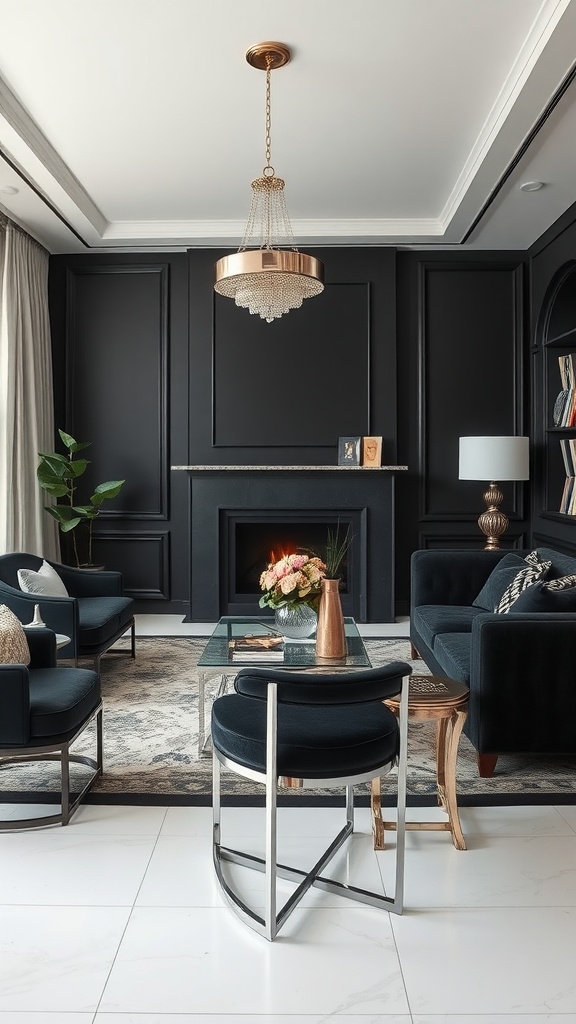 A stylish black living room featuring metallic accents and elegant furnishings.