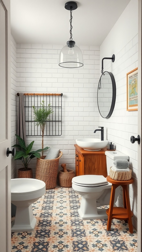 Modern farmhouse bathroom featuring a mix of vintage and contemporary elements with patterned tiles, wooden cabinet, and natural decor.
