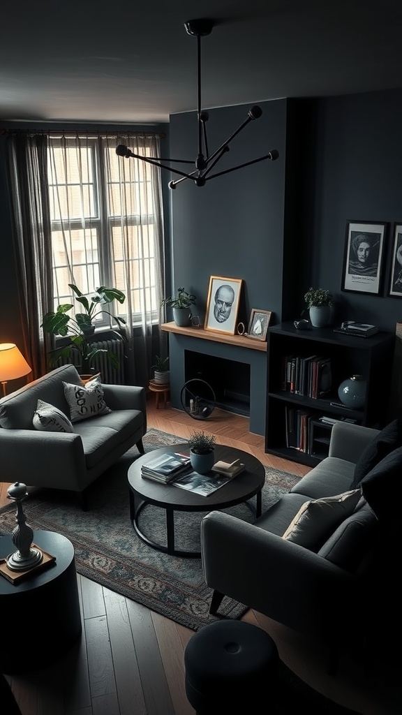 A dark living room featuring modern and vintage decor elements, with gray sofas, a stylish chandelier, framed art, and plants.