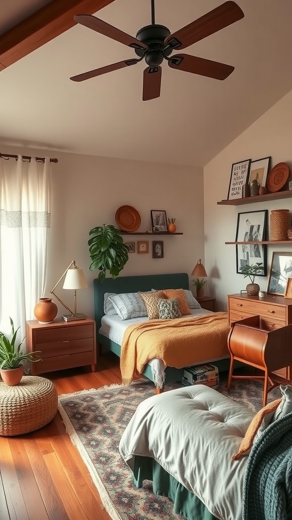 A cozy boho bedroom featuring a mix of modern and vintage styles, with a bed, wooden furniture, plants, and decorative wall art.