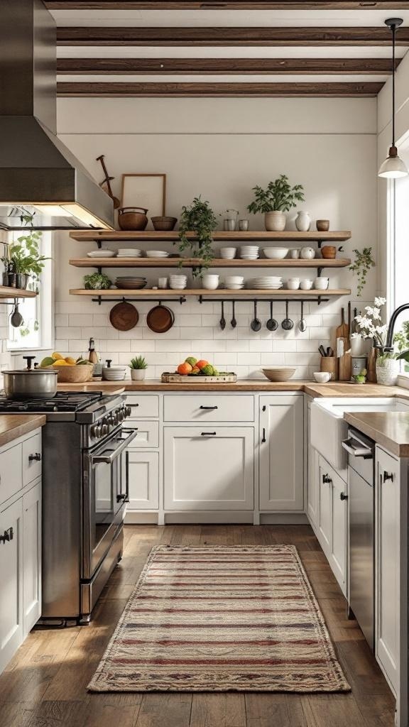 A farmhouse kitchen featuring a mix of old and new appliances, with open shelving and wooden accents.