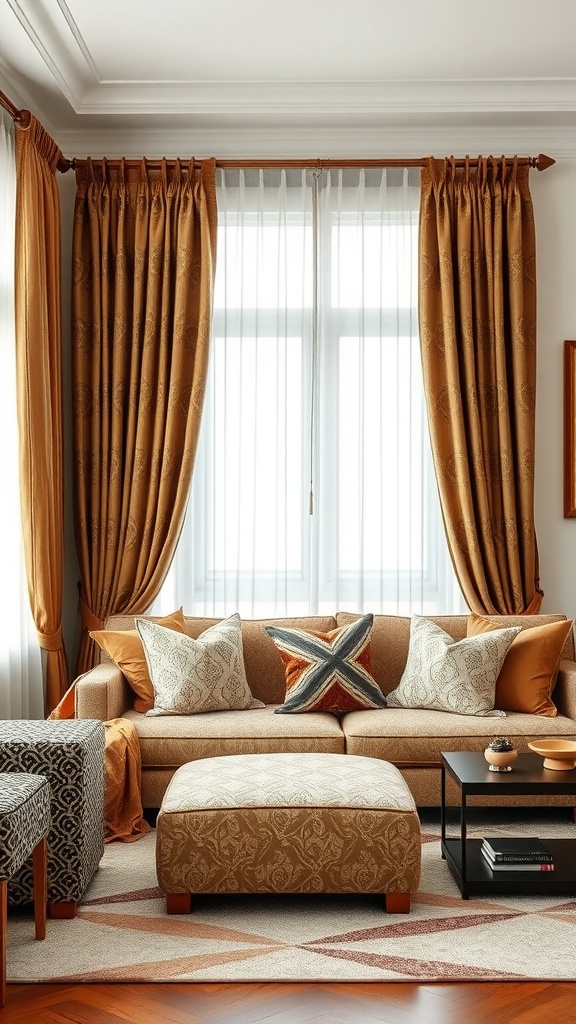 A cozy brown living room featuring a sofa with patterned pillows, elegant curtains, and a stylish coffee table.