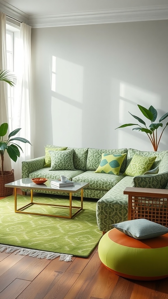 A green aesthetic living room featuring a patterned sofa, cushions, and a matching rug, with a round pouf in vibrant colors.