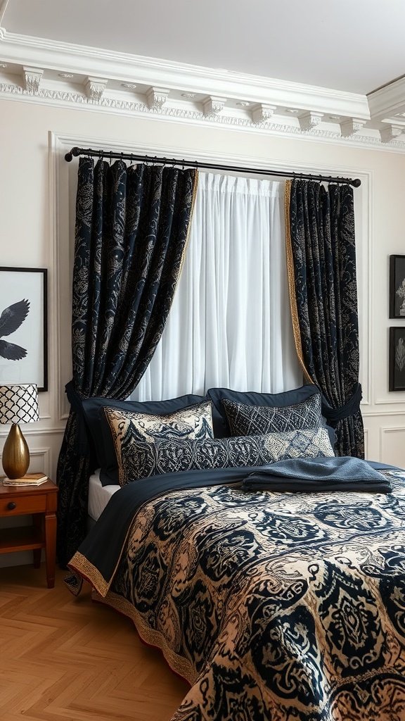 A stylish black and brown bedroom featuring intricate patterned bedding and elegant curtains.